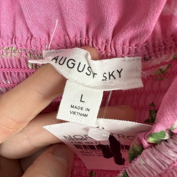 August Sky Women’s Smocked Midi Dress Pink Floral Tiered Ruffle Sleeveless L - Picture 6 of 10